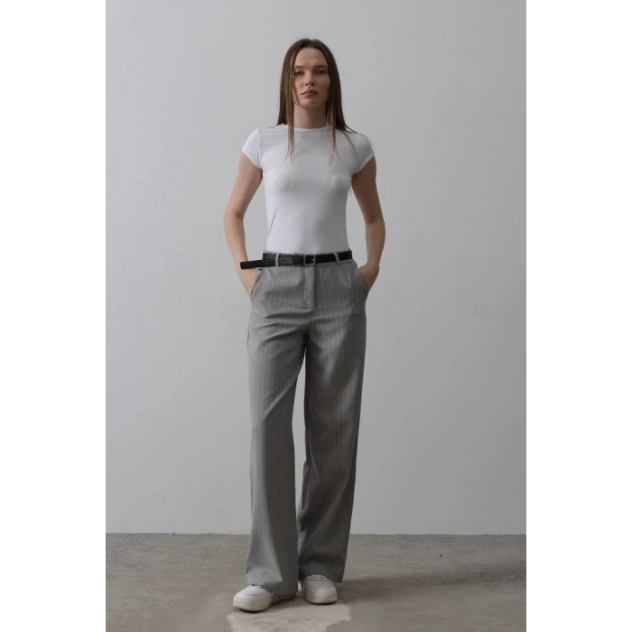 Kemerli Palazzo Pantolon - Gri-Beyaz