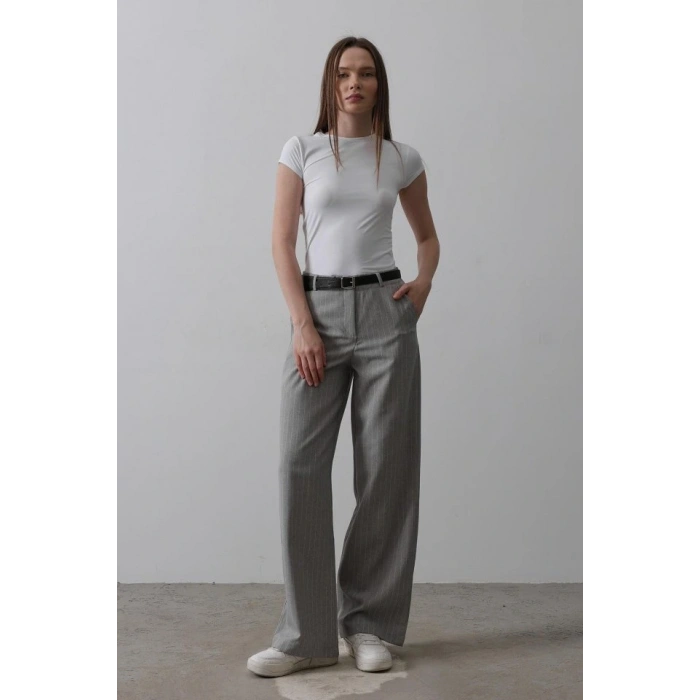 Kemerli Palazzo Pantolon - Gri-Beyaz