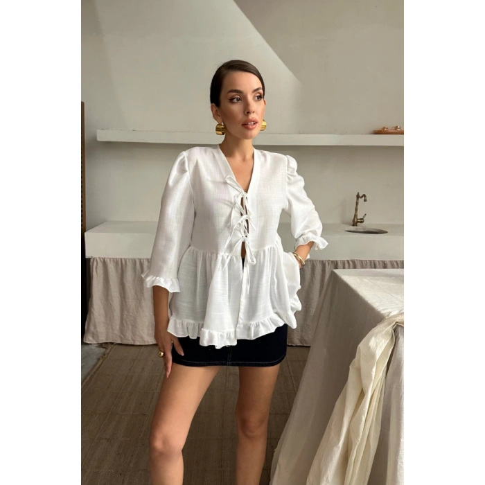 KETEN BLUZ ÖNDEN BAĞLAMALI FIRFIR DETAYLI - Beyaz