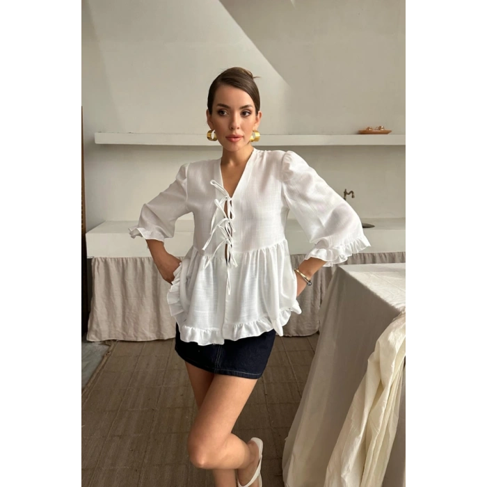 KETEN BLUZ ÖNDEN BAĞLAMALI FIRFIR DETAYLI - Beyaz