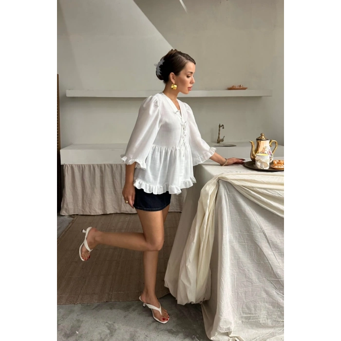 KETEN BLUZ ÖNDEN BAĞLAMALI FIRFIR DETAYLI - Beyaz