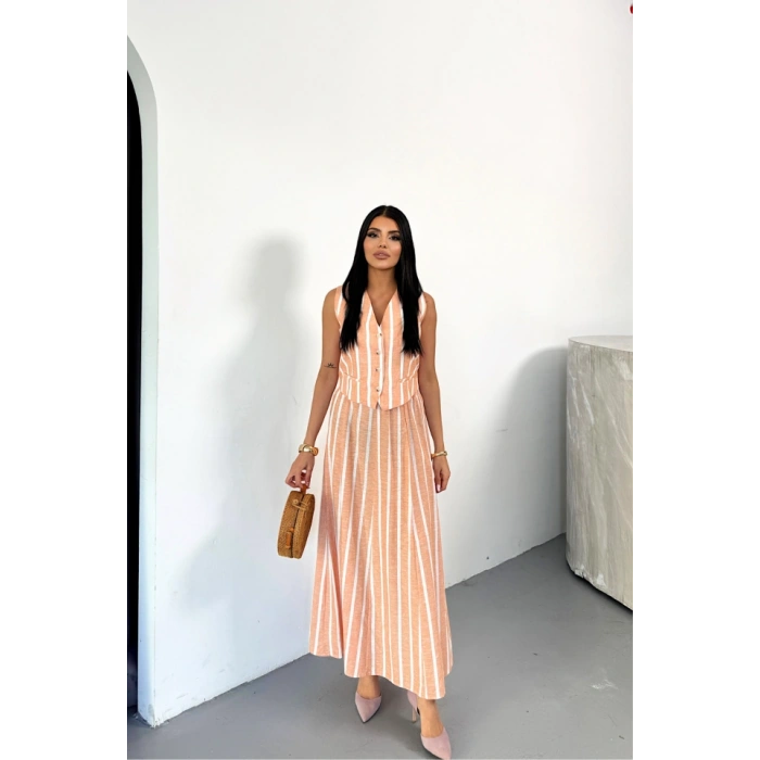 KETEN ÇİZGİLİ YELEK - UZUN ETEK TAKIM - Orange