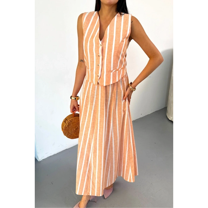 KETEN ÇİZGİLİ YELEK - UZUN ETEK TAKIM - Orange