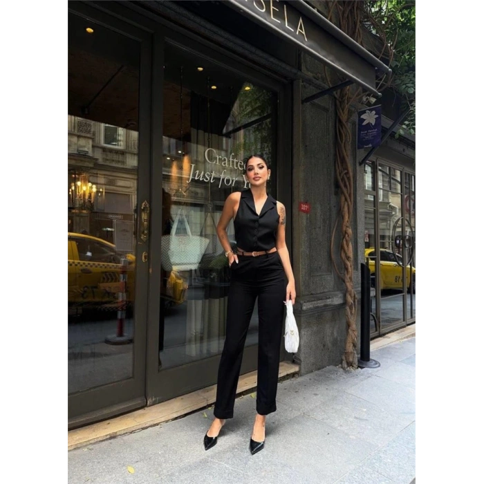 KETEN DUBLE PAÇA DERİ TABA KEMERLİ PANTOLON - Siyah