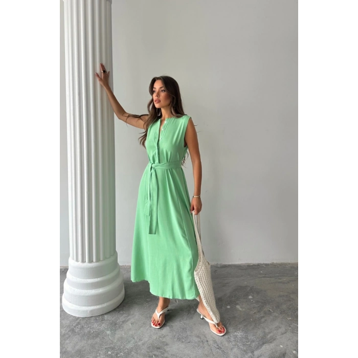 KETEN ELBİSE KOLSUZ BEL BAĞLAMALI MAXİ ELBİSE - Yeşil