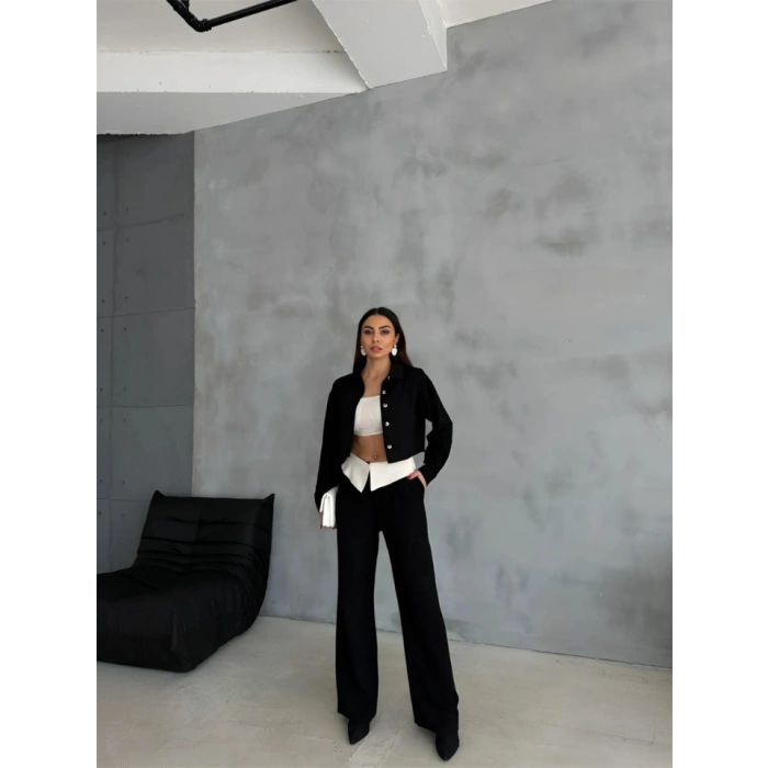 KETEN GÖMLEK-CROP-SALAŞ PANTOLON TAKIM - Siyah