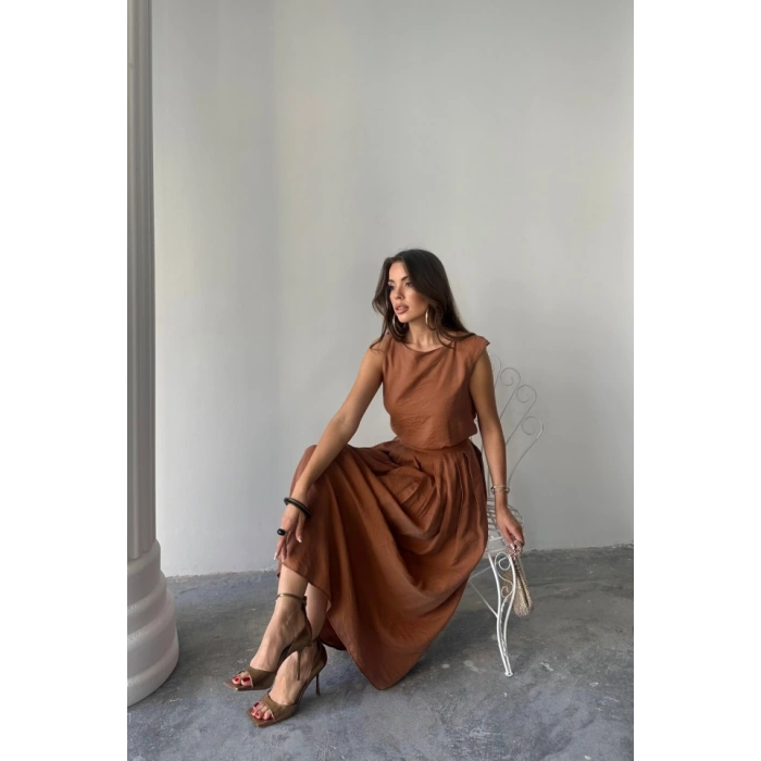 KETEN KOLSUZ BLUZ - MAXİ ETEK TAKIM - Kahverengi
