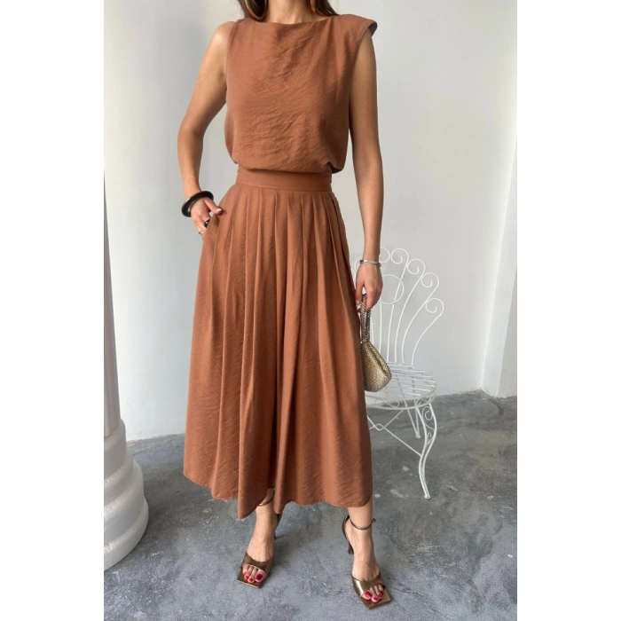 KETEN KOLSUZ BLUZ - MAXİ ETEK TAKIM - Kahverengi