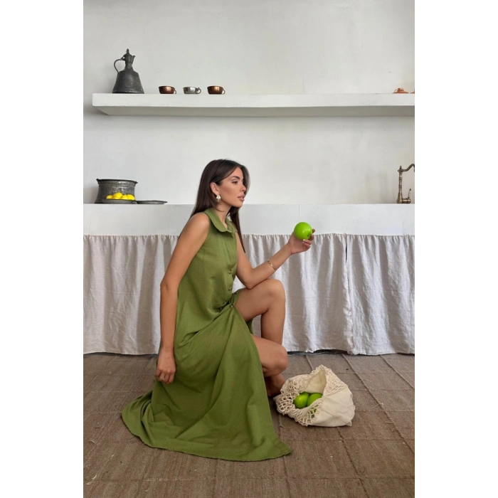 KETEN ÖNDEN DÜĞMELİ KOLSUZ GÖMLEK YAKA ELBİSE - Yağ Yeşili
