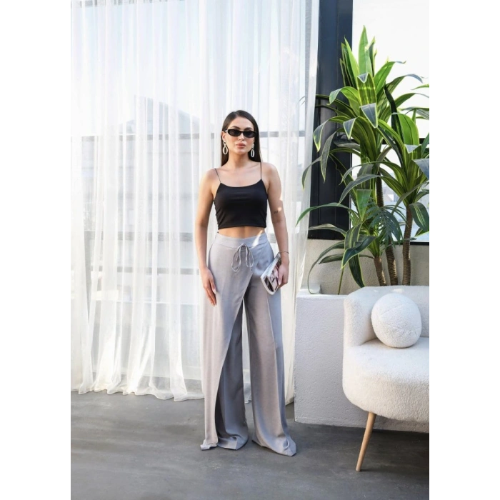 Keten Önü Çapraz Parçali Lasti̇kli̇ Ve Bağcikli Geni̇ş Paça Pantolon