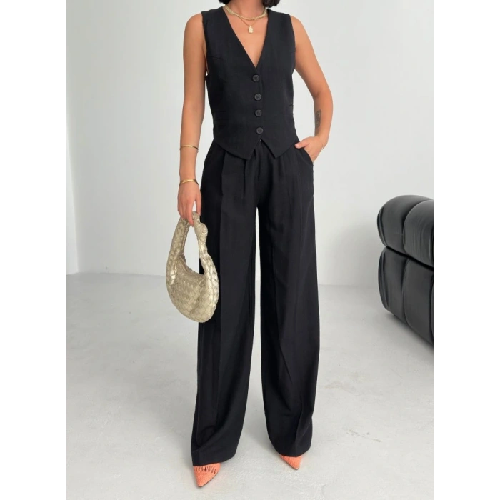 Keten Sirti Çapraz Geçi̇şli̇ Cepken Pantolon Takim