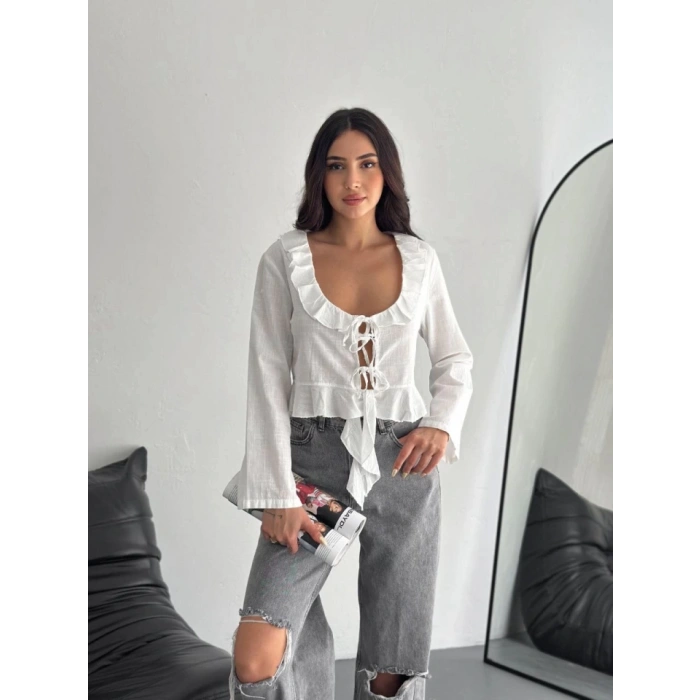 Keten Uzun Kol Bağacık Detaylı Bluz - Beyaz