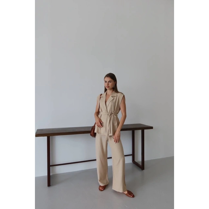 Keten yelek pantolon takım bej pt