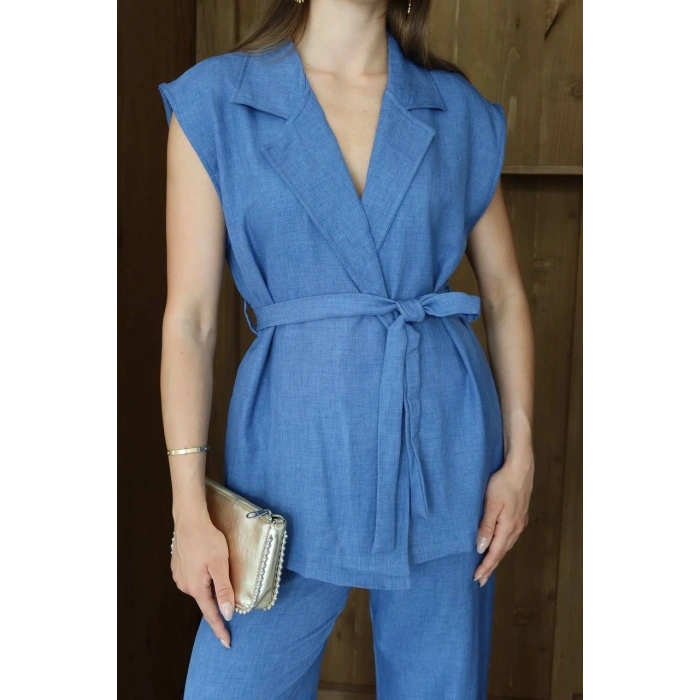 Keten yelek pantolon takım indigo pt