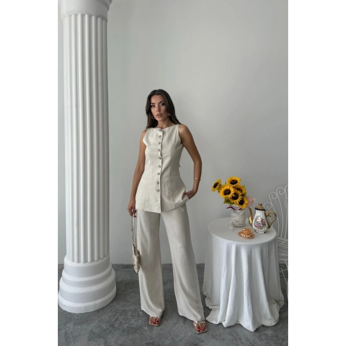 KETEN YELEK - PANTOLON TAKIM - Taş