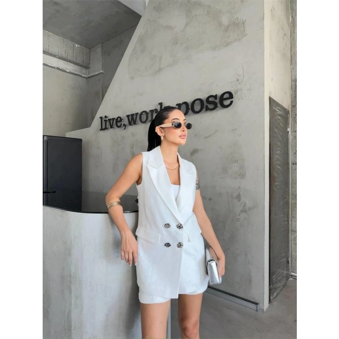 KETEN YELEK - ŞORT TAKIM - Beyaz