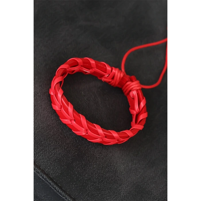 Kırmızı Örgü Deri Erkek Bileklik