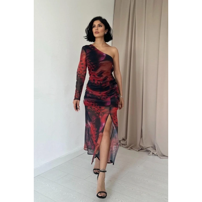 Kırmızı Tek Omuzlu Tül Elbise