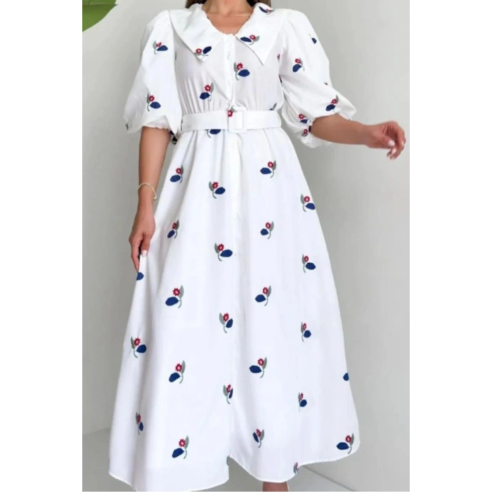 Kırmızı Yakası Çiçek Motifli Kemerli Elbise