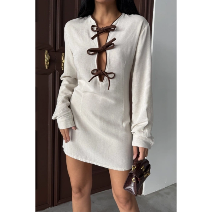 KISA ELBİSE ÖN BİYE BAĞLAMA DETAYLI - Ham