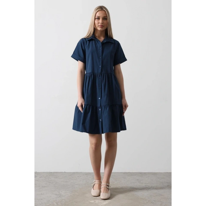 Kısa Kol Düğmeli Elbise - İndigo