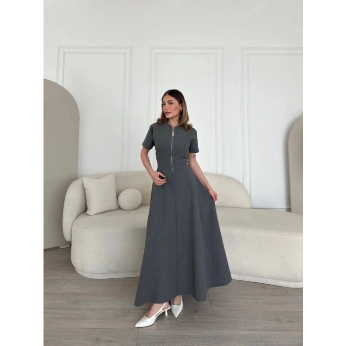 Kısa Kollu Önden Fermuarlı Çan Etekli Uzun Elbise - Antrasit