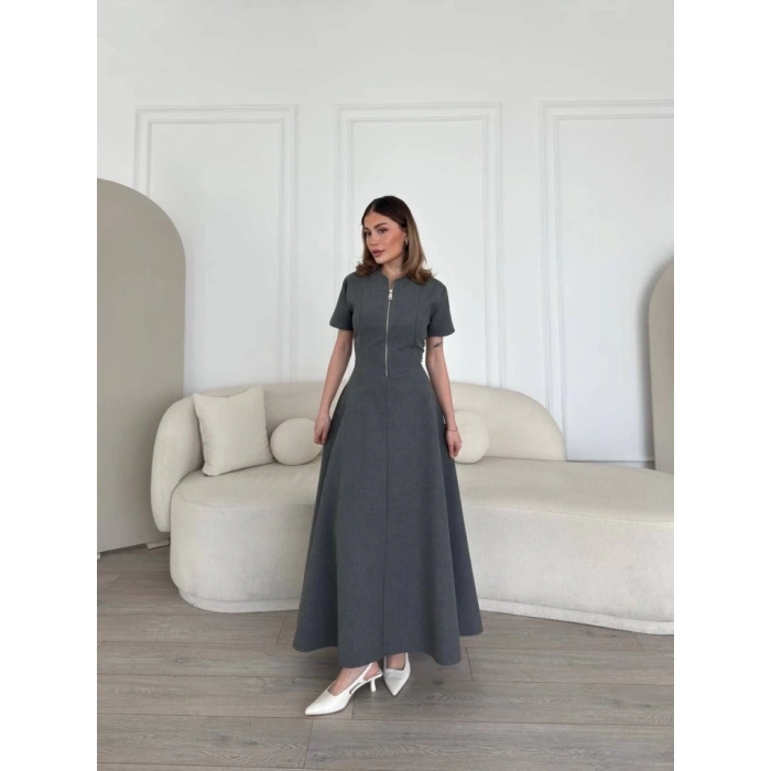 Kısa Kollu Önden Fermuarlı Çan Etekli Uzun Elbise - Antrasit
