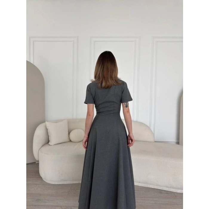 Kısa Kollu Önden Fermuarlı Çan Etekli Uzun Elbise - Antrasit