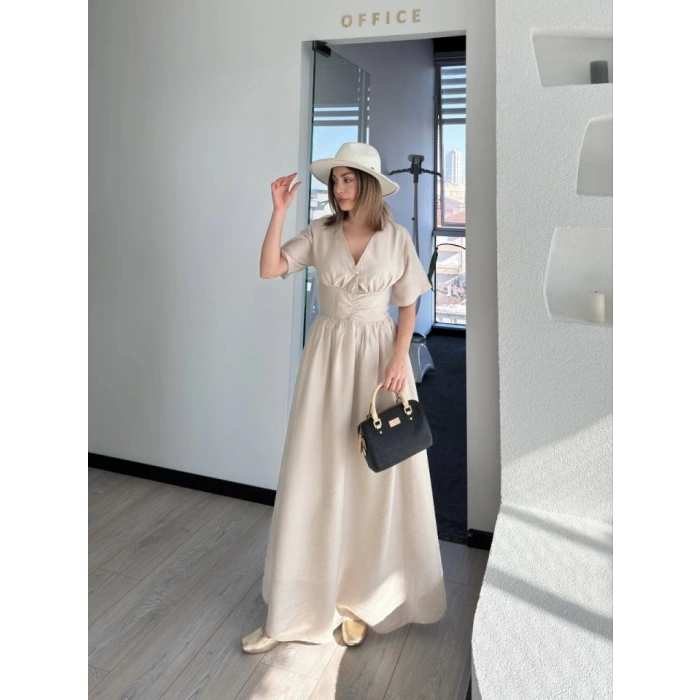 Kısa Kollu Uzun Elbise - Kırık Beyaz