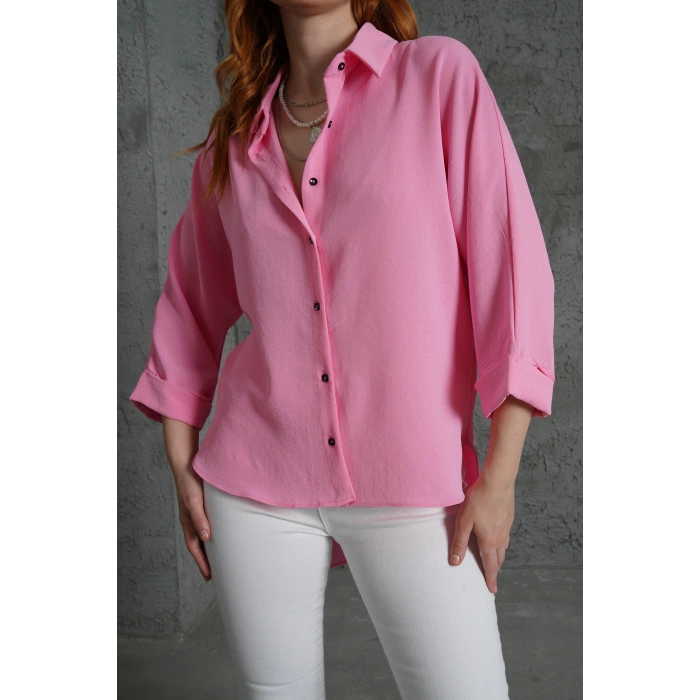 Kol Katlama Detaylı Pembe Gömlek