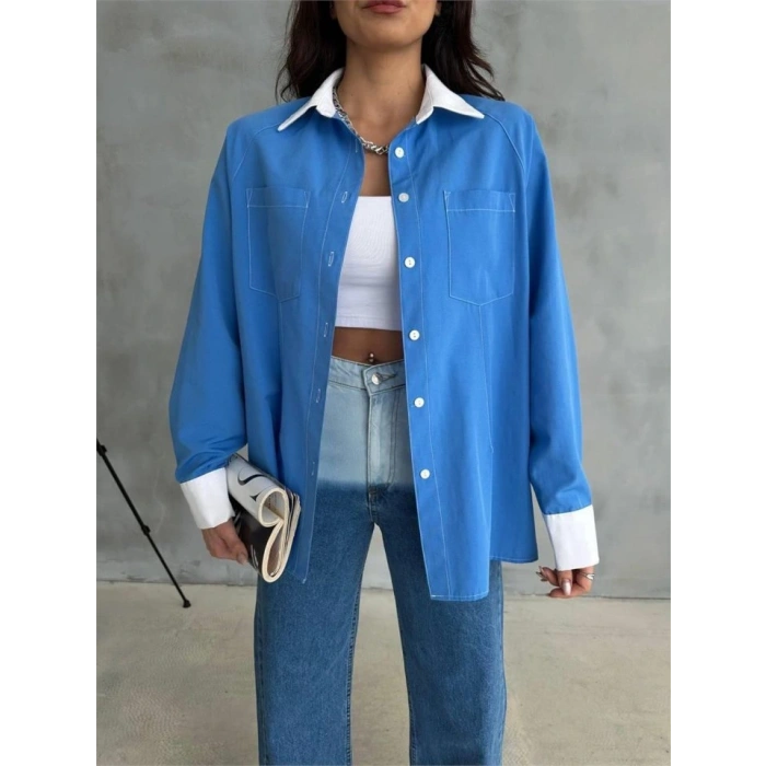 KOL VE MANŞET BEYAZ KAPALI PİLE DETAYLI GÖMLEK - Mavi