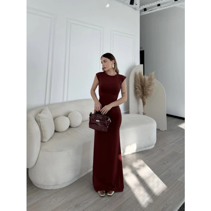 Kolsuz Uzun Likralı Elbise - Bordo