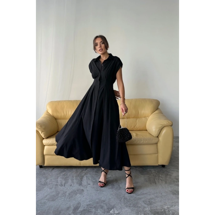 KOLSUZ VATKALI ÖNDEN DÜĞMELİBEL PENS DETAYLI POPLİN ELBİSE - Siyah