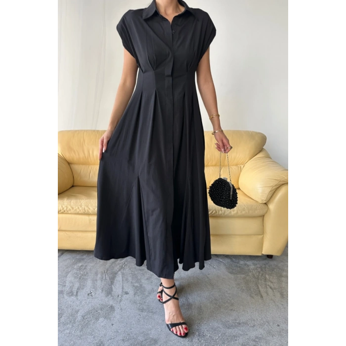 KOLSUZ VATKALI ÖNDEN DÜĞMELİBEL PENS DETAYLI POPLİN ELBİSE - Siyah