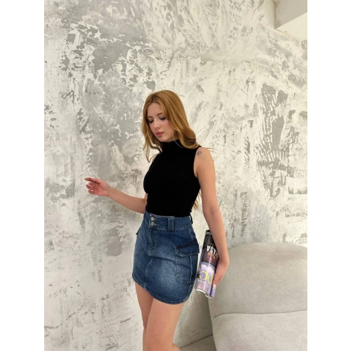 Kolsuz Yarım Bağazlı Badi Bluz - Siyah