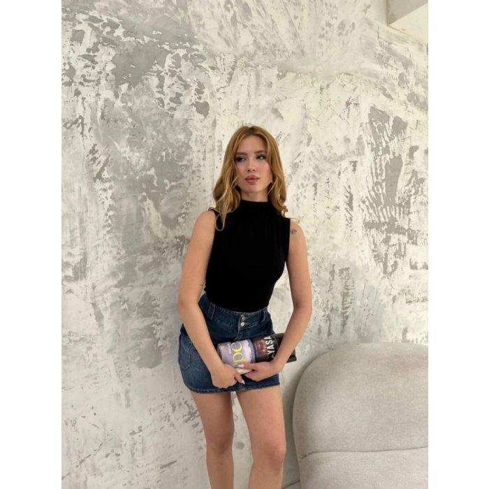 Kolsuz Yarım Bağazlı Badi Bluz - Siyah