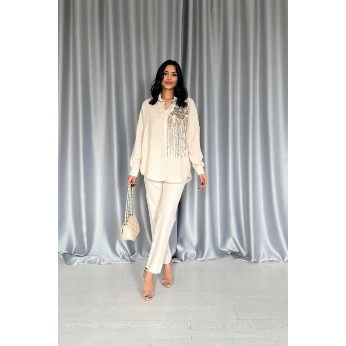 Krem Pulpayet Nakışlı Bedensiz Gömlek