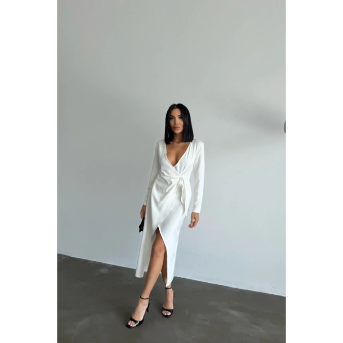 KRUVAZE BROŞ DETAYLI ELBİSE - Beyaz