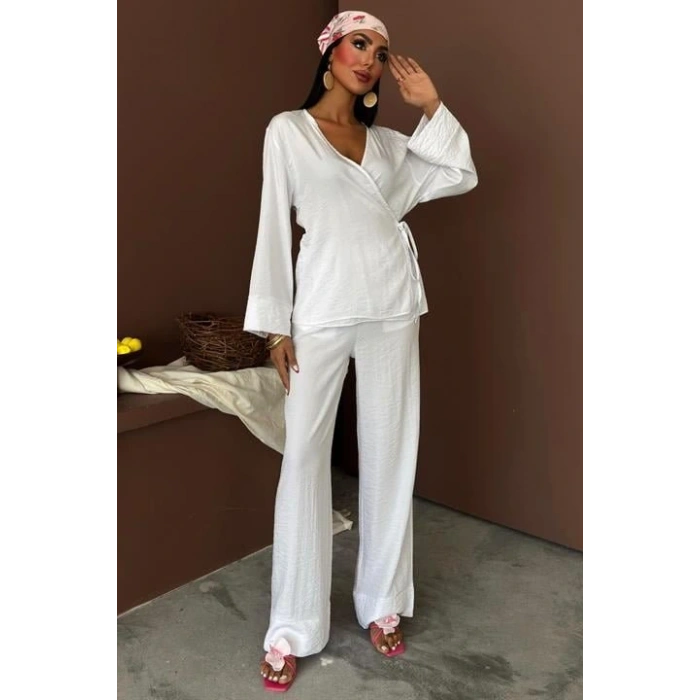 Kruvaze Model Klasik Pantolonlu Çupra Keten Takım 10191