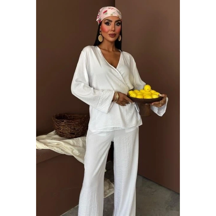 Kruvaze Model Klasik Pantolonlu Çupra Keten Takım 10191