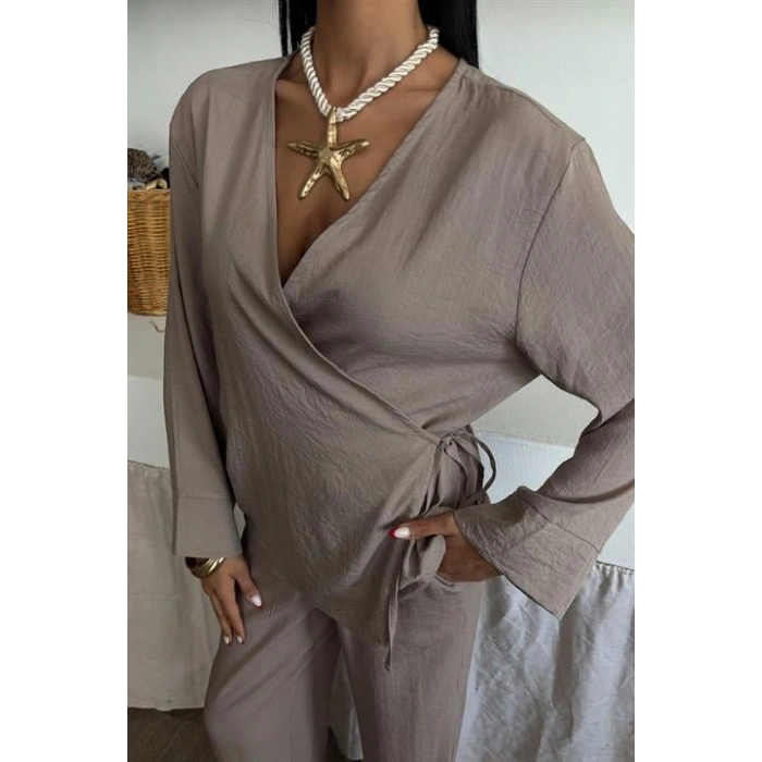 Kruvaze Model Klasik Pantolonlu Çupra Keten Takım 10191