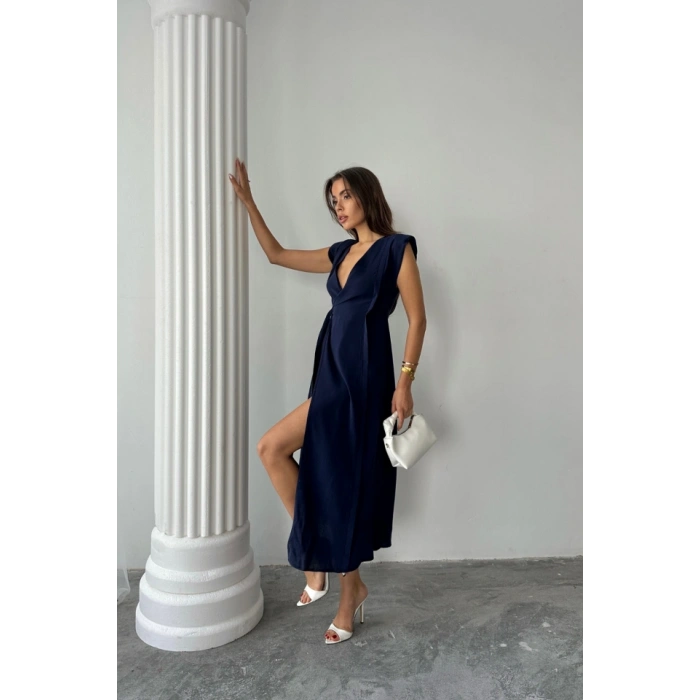 KRUVAZE VATKALI KOLSUZ ELBİSE MODAL KUMAŞ - Lacivert