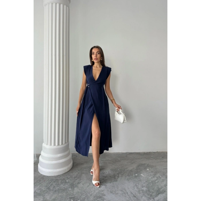 KRUVAZE VATKALI KOLSUZ ELBİSE MODAL KUMAŞ - Lacivert