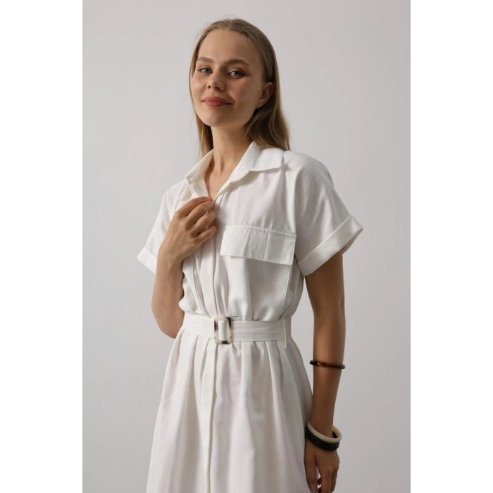 Kuşaklı Cep Detaylı Yarım Kol Elbise - Beyaz
