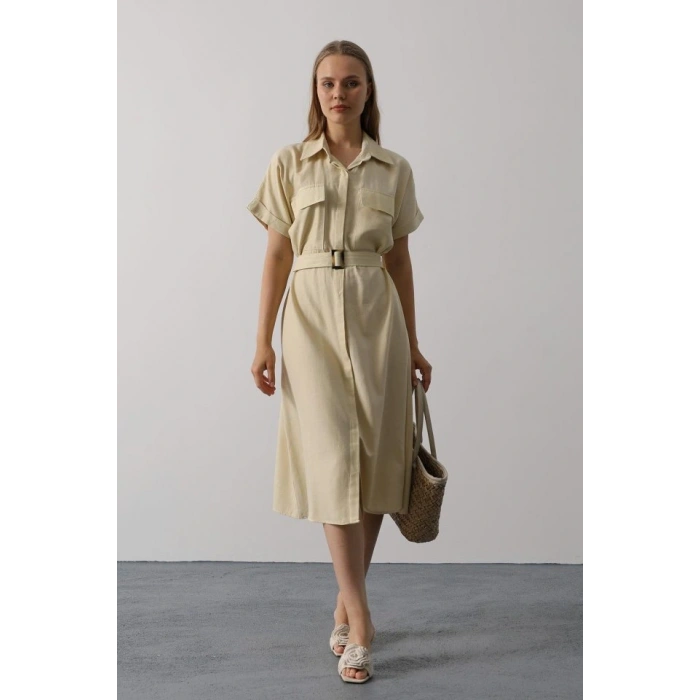 Kuşaklı Cep Detaylı Yarım Kol Elbise - Ekru