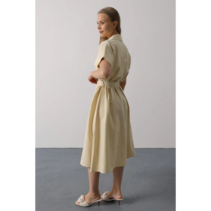 Kuşaklı Cep Detaylı Yarım Kol Elbise - Ekru