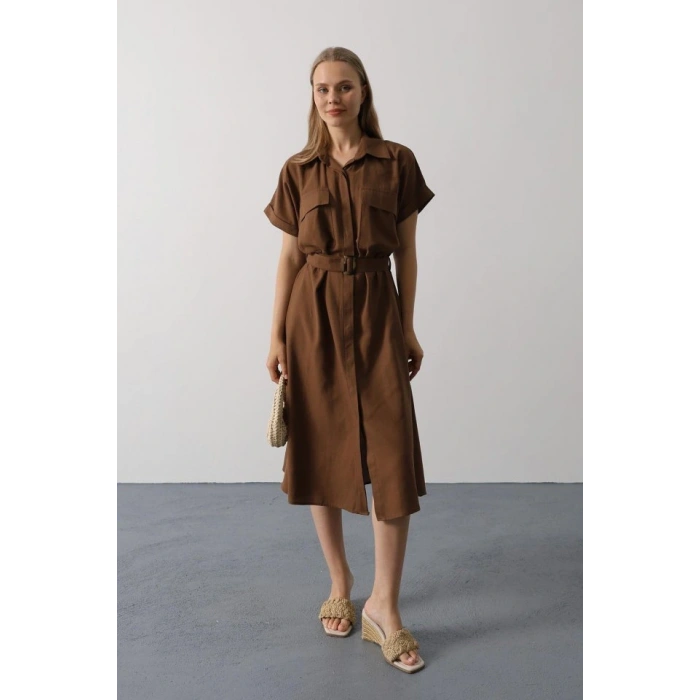 Kuşaklı Cep Detaylı Yarım Kol Elbise - Kahve