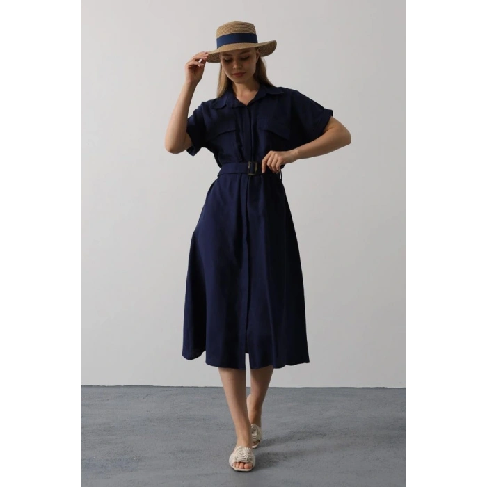 Kuşaklı Cep Detaylı Yarım Kol Elbise - Lacivert