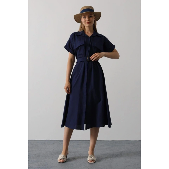 Kuşaklı Cep Detaylı Yarım Kol Elbise - Lacivert