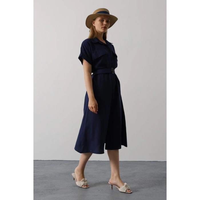 Kuşaklı Cep Detaylı Yarım Kol Elbise - Lacivert
